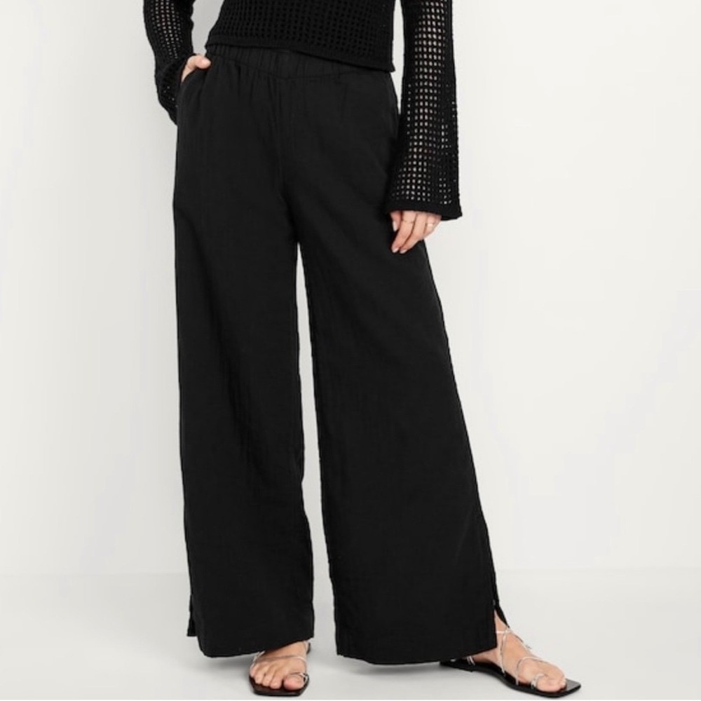 Old Navy Black High Waisted Crinkle Gauze Wide Leg Pants Womens Size Large NEW